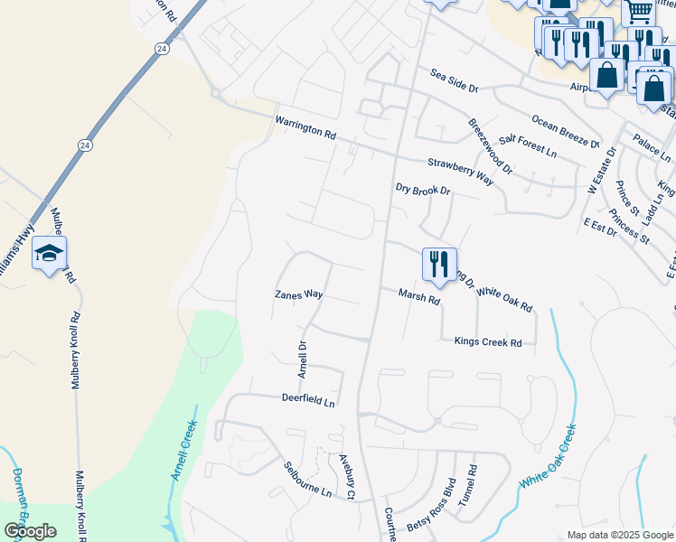 map of restaurants, bars, coffee shops, grocery stores, and more near 2 Arnell Drive in Rehoboth Beach