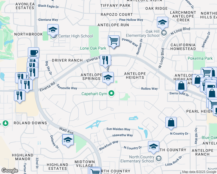 map of restaurants, bars, coffee shops, grocery stores, and more near 8000 Aztec Way in Antelope