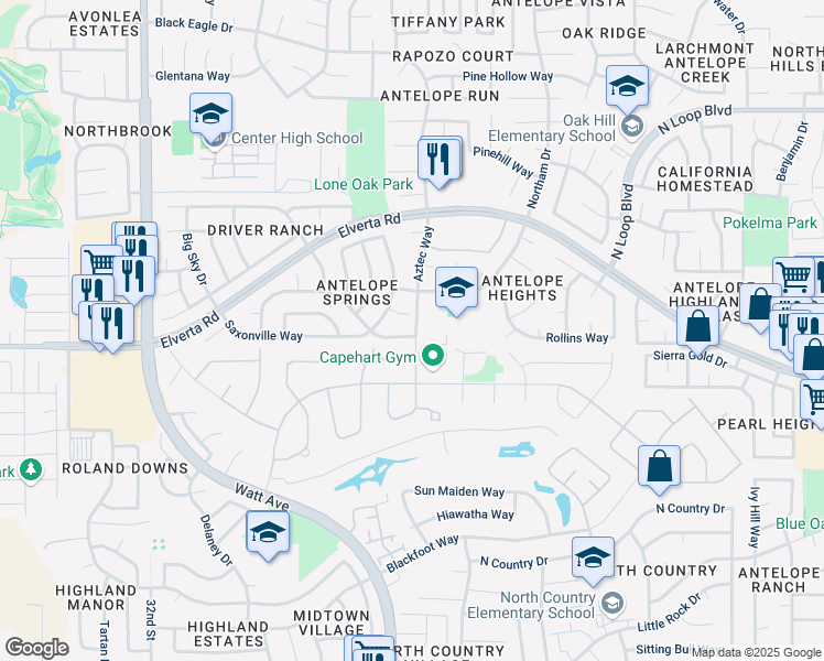 map of restaurants, bars, coffee shops, grocery stores, and more near 8000 Aztec Way in Antelope