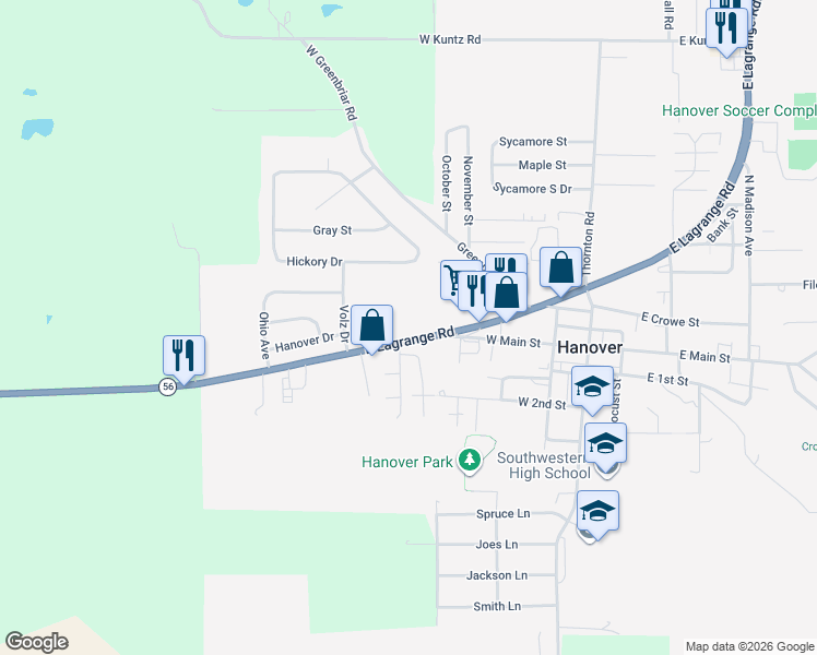 map of restaurants, bars, coffee shops, grocery stores, and more near 332 West Lagrange Road in Hanover