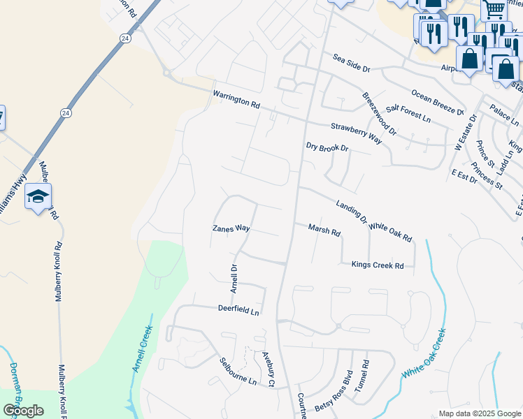map of restaurants, bars, coffee shops, grocery stores, and more near 2 Arnell Drive in Rehoboth Beach