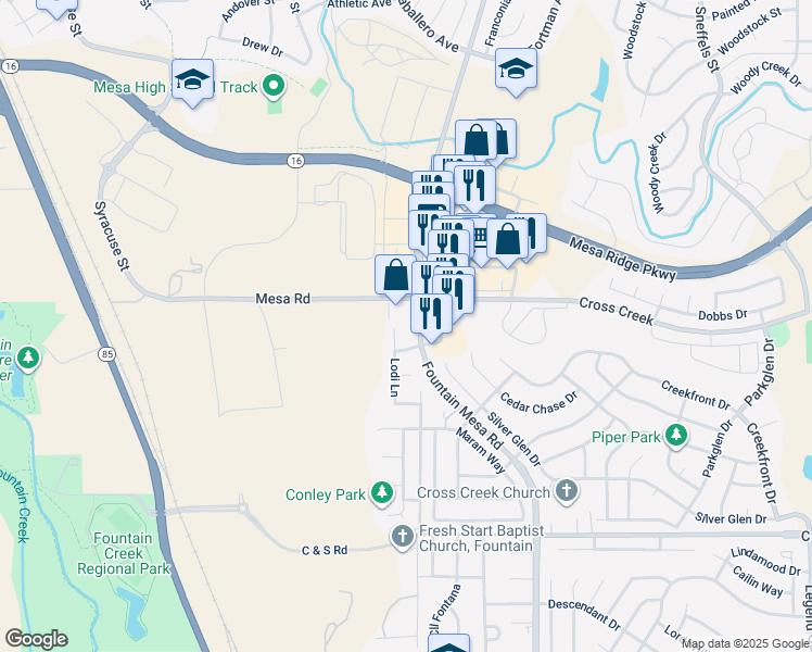map of restaurants, bars, coffee shops, grocery stores, and more near 8005 Lodi Lane in Fountain