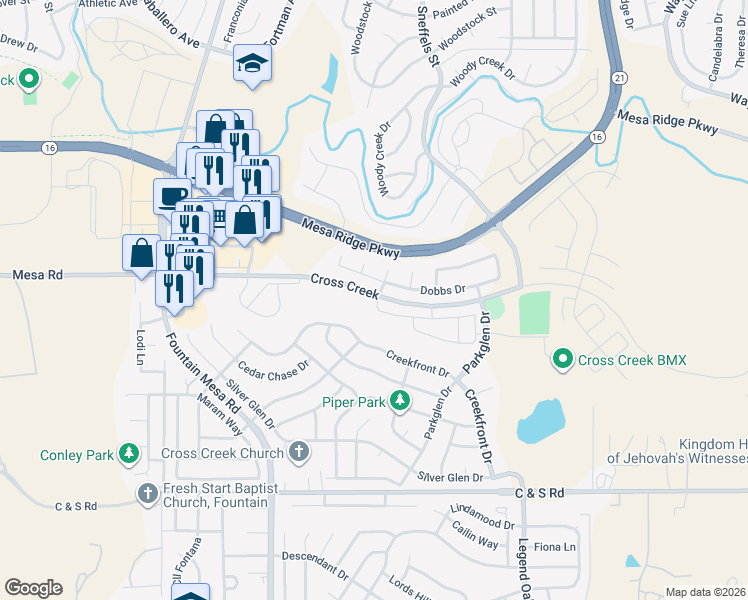 map of restaurants, bars, coffee shops, grocery stores, and more near 7303 Sandy Springs Point in Fountain