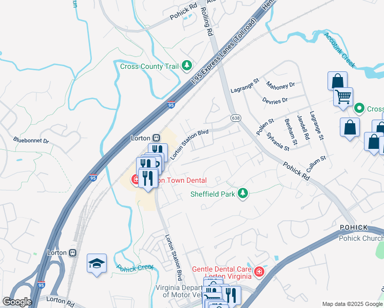 map of restaurants, bars, coffee shops, grocery stores, and more near 7689 Graysons Mill Lane in Lorton