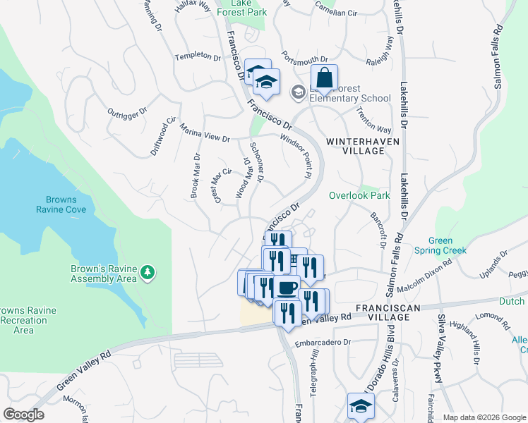 map of restaurants, bars, coffee shops, grocery stores, and more near 4190 Windsor Point Place in El Dorado Hills