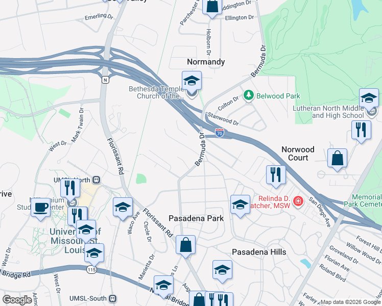 map of restaurants, bars, coffee shops, grocery stores, and more near 7716 Contour Drive in St. Louis