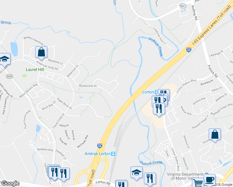 map of restaurants, bars, coffee shops, grocery stores, and more near 8106 Bluebonnet Drive in Lorton
