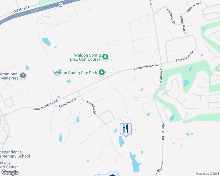 map of restaurants, bars, coffee shops, grocery stores, and more near 27 Rodelle Woods Drive in Weldon Spring