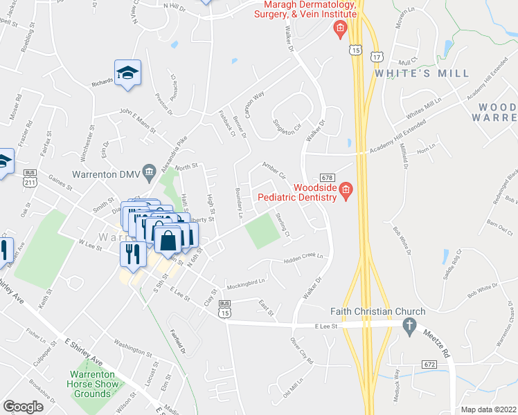 map of restaurants, bars, coffee shops, grocery stores, and more near 159 Amber Circle in Warrenton
