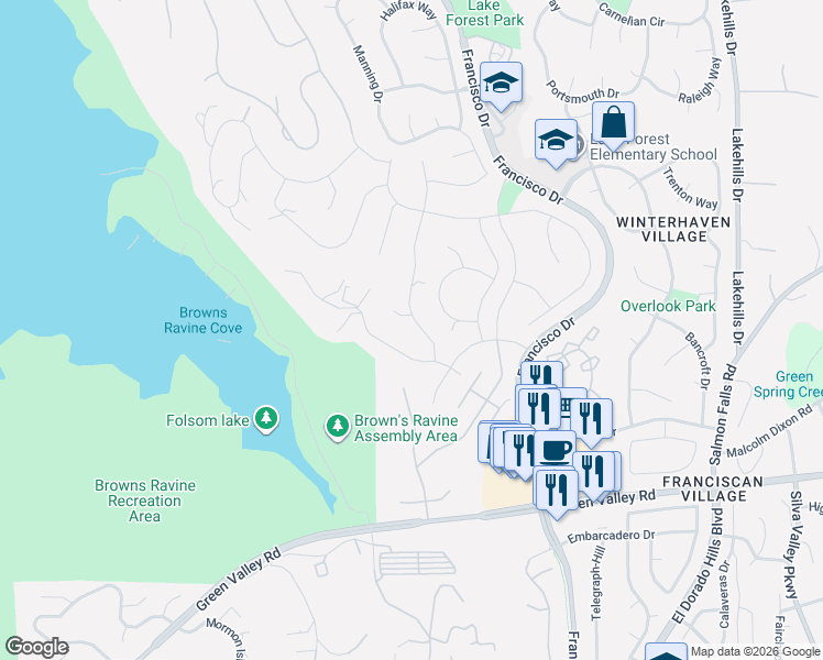 map of restaurants, bars, coffee shops, grocery stores, and more near 2080 Brook Mar Drive in El Dorado Hills