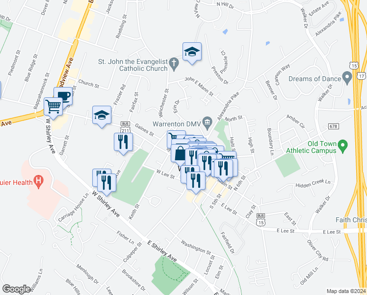 map of restaurants, bars, coffee shops, grocery stores, and more near 22 Diagonal Street in Warrenton
