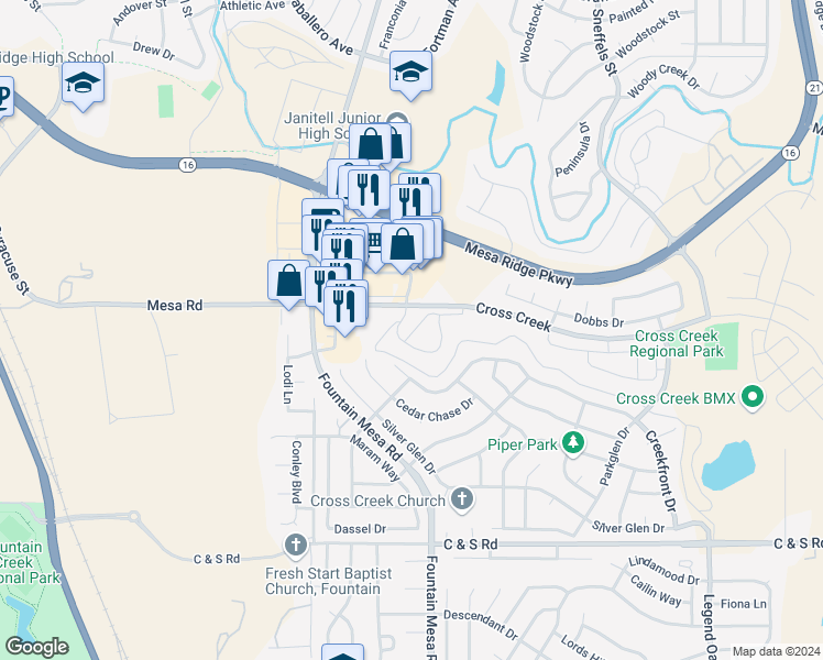 map of restaurants, bars, coffee shops, grocery stores, and more near 8147 Elk River View in Fountain