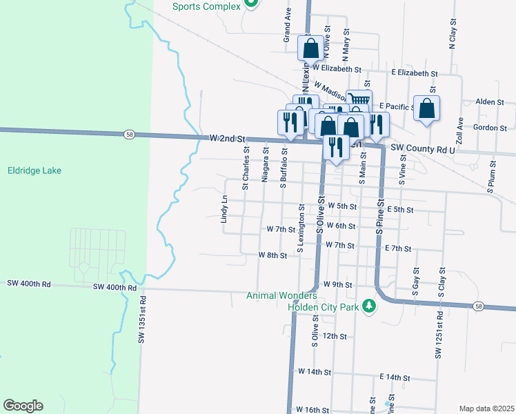 map of restaurants, bars, coffee shops, grocery stores, and more near 601 West 5th Street in Holden