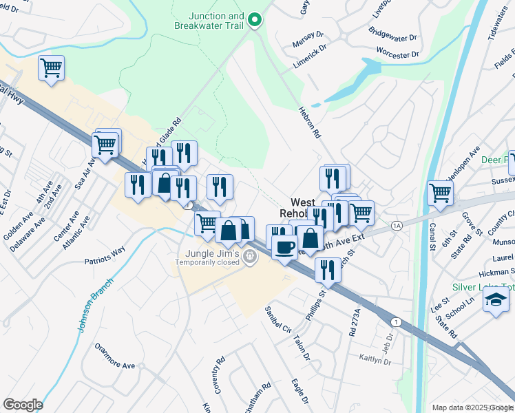map of restaurants, bars, coffee shops, grocery stores, and more near 37029 Rehoboth Avenue Exd in Rehoboth Beach