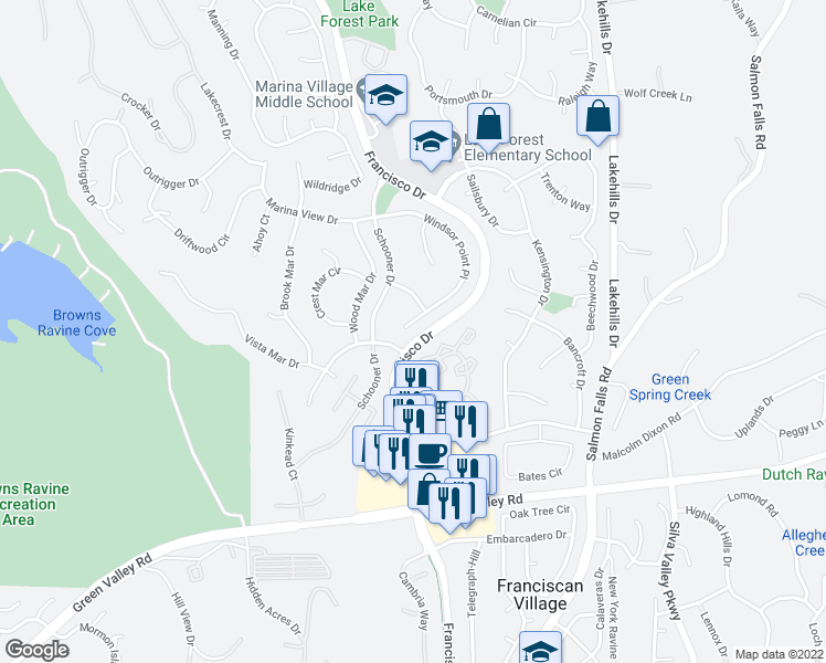 map of restaurants, bars, coffee shops, grocery stores, and more near 4190 Windsor Point Place in El Dorado Hills