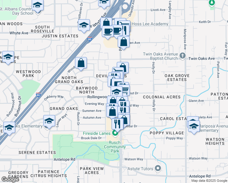map of restaurants, bars, coffee shops, grocery stores, and more near 8201 Auburn Boulevard in Citrus Heights