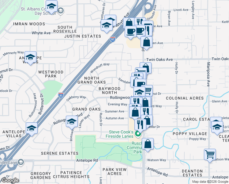 map of restaurants, bars, coffee shops, grocery stores, and more near 8204 Baymore Way in Citrus Heights