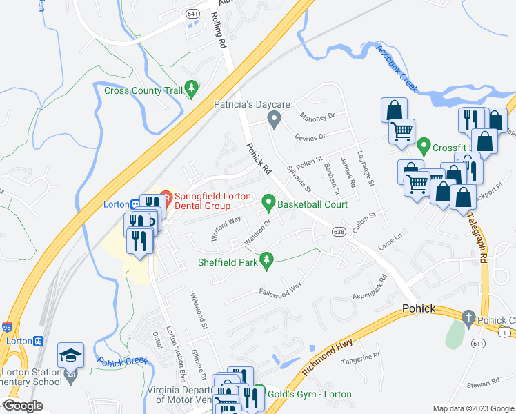 map of restaurants, bars, coffee shops, grocery stores, and more near 8908 Waites Way in Lorton