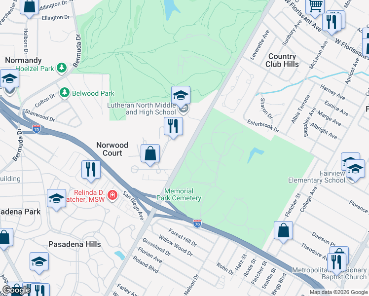 map of restaurants, bars, coffee shops, grocery stores, and more near 5339 Lucas-Hunt Road in St. Louis