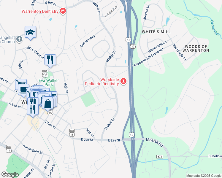 map of restaurants, bars, coffee shops, grocery stores, and more near 396 Driftwood Court in Warrenton