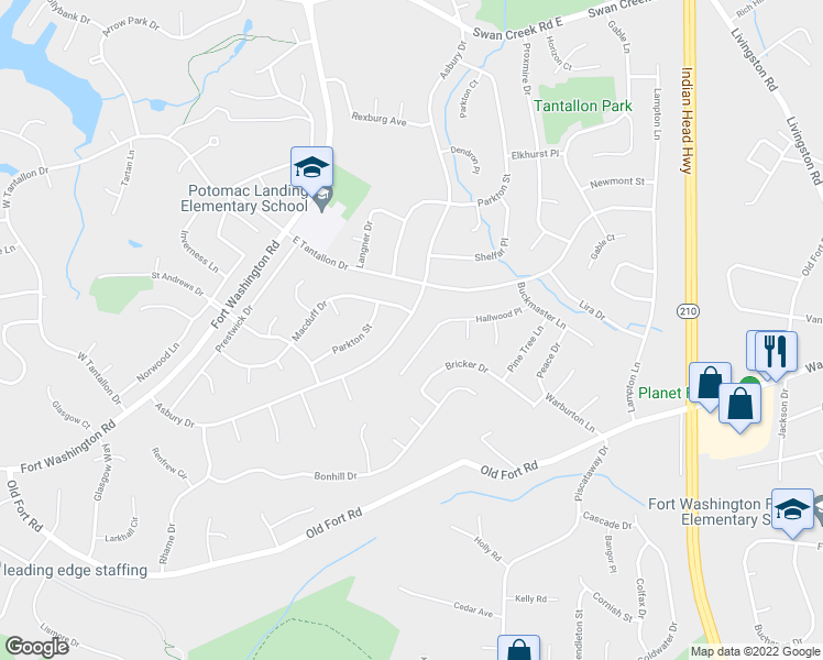 map of restaurants, bars, coffee shops, grocery stores, and more near 12702 Asbury Drive in Fort Washington