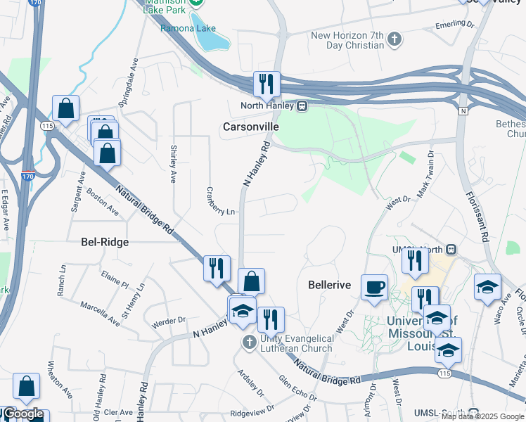 map of restaurants, bars, coffee shops, grocery stores, and more near 8541 Jenny Drive in St. Louis