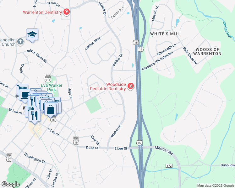 map of restaurants, bars, coffee shops, grocery stores, and more near 396 Driftwood Court in Warrenton