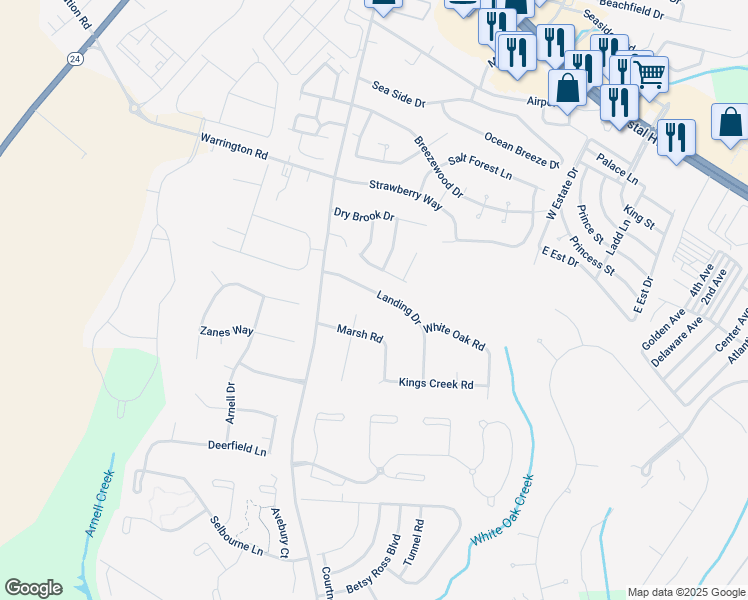 map of restaurants, bars, coffee shops, grocery stores, and more near 111 Landing Drive in Rehoboth Beach