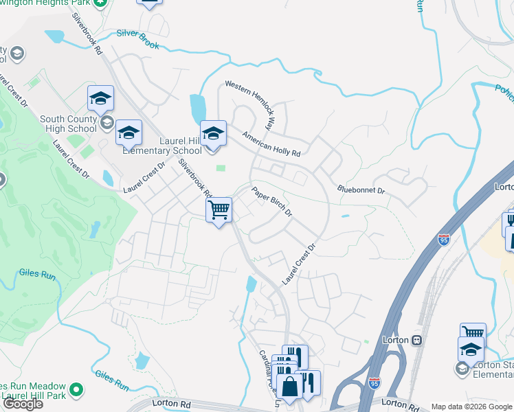 map of restaurants, bars, coffee shops, grocery stores, and more near 8237 Red Carnation Court in Lorton