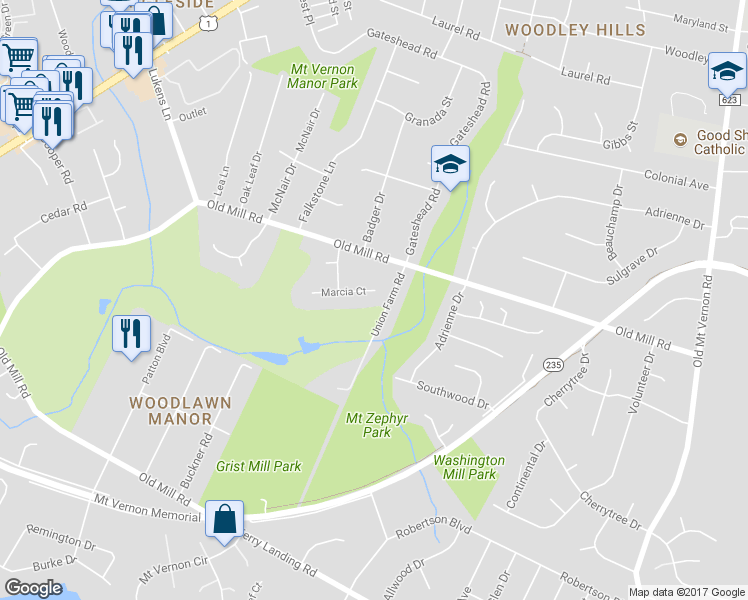 map of restaurants, bars, coffee shops, grocery stores, and more near 4503 Marcia Court in Alexandria
