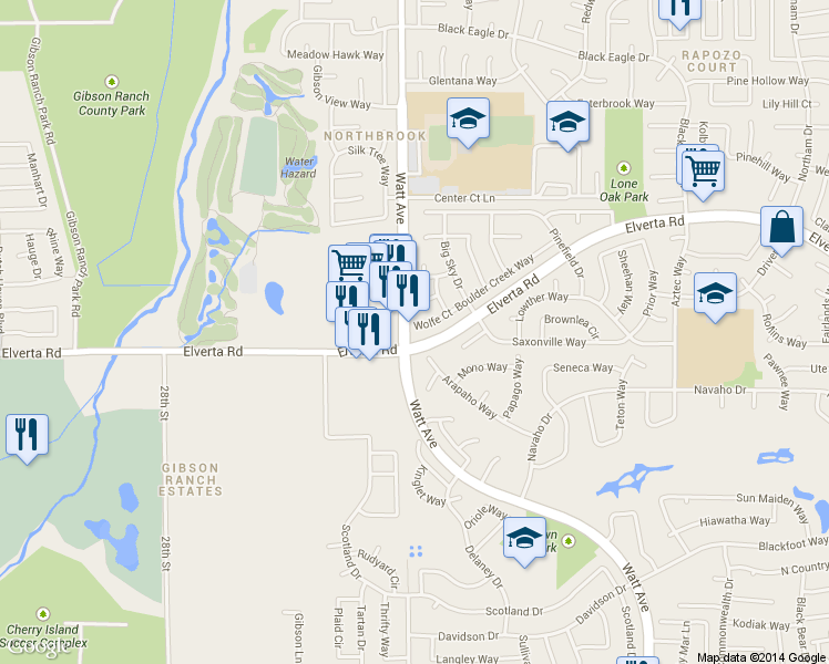 map of restaurants, bars, coffee shops, grocery stores, and more near 3020 Wolfe Court in Antelope