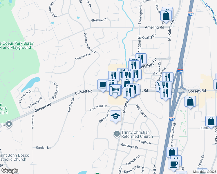 map of restaurants, bars, coffee shops, grocery stores, and more near 12703 Dorsett Road in Maryland Heights