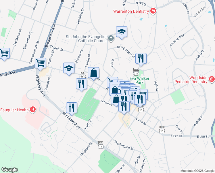 map of restaurants, bars, coffee shops, grocery stores, and more near 12 Smith Street in Warrenton