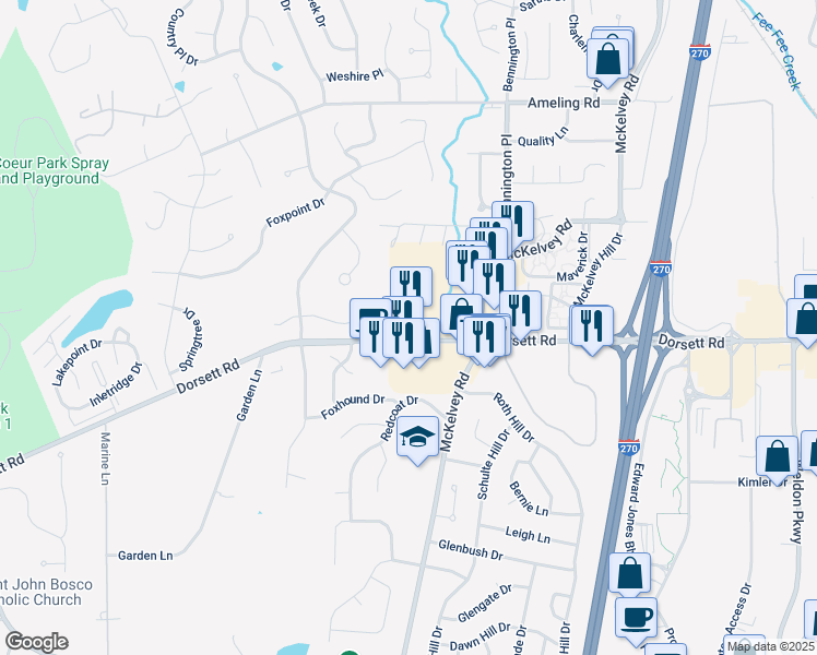 map of restaurants, bars, coffee shops, grocery stores, and more near 12685 Dorsett Road in Maryland Heights