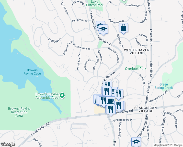 map of restaurants, bars, coffee shops, grocery stores, and more near 2090 Wood Mar Drive in El Dorado Hills
