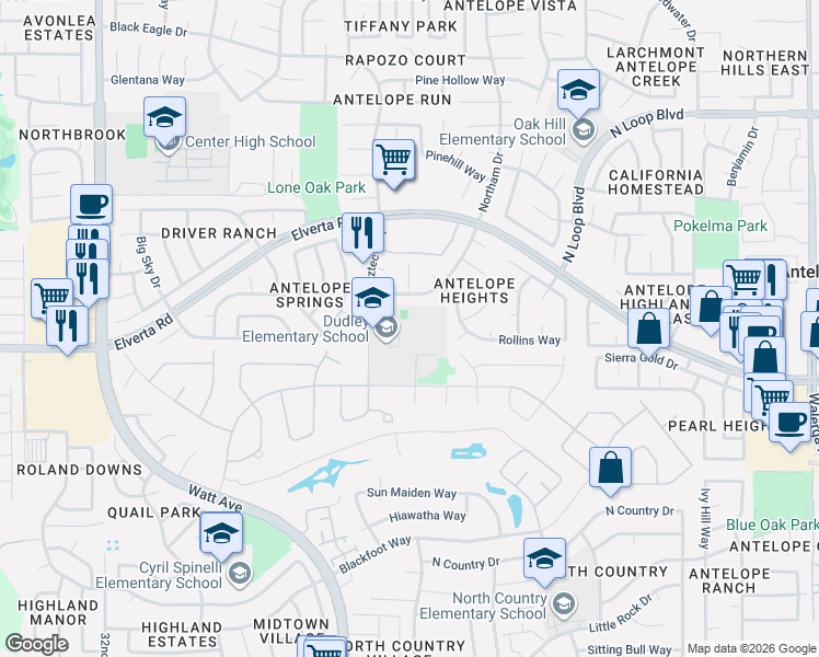 map of restaurants, bars, coffee shops, grocery stores, and more near 8000 Aztec Way in Sacramento