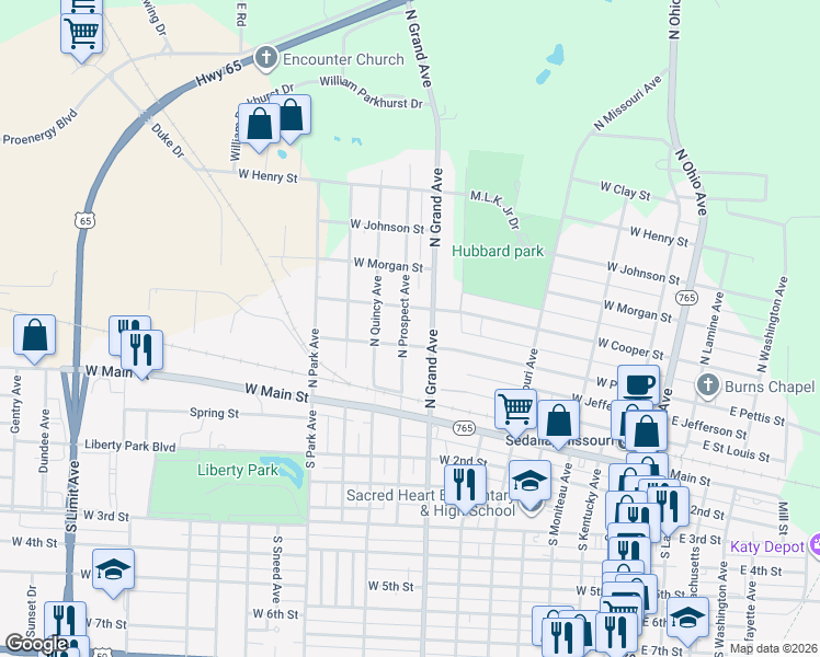 map of restaurants, bars, coffee shops, grocery stores, and more near 406 North Prospect Avenue in Sedalia