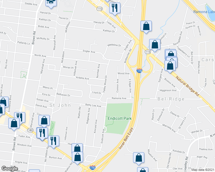 map of restaurants, bars, coffee shops, grocery stores, and more near 3510 Valley Wood Dr in St Louis