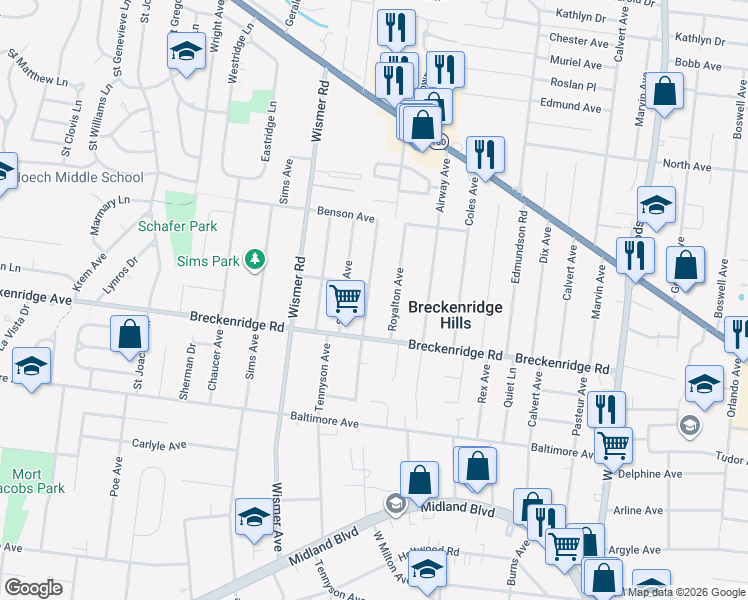 map of restaurants, bars, coffee shops, grocery stores, and more near 3232 West Milton Avenue in Breckenridge Hills