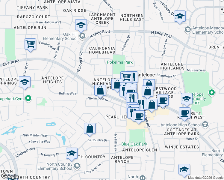 map of restaurants, bars, coffee shops, grocery stores, and more near 4049 Timpani Court in Antelope
