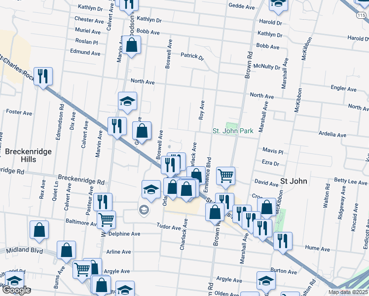 map of restaurants, bars, coffee shops, grocery stores, and more near 3452 Lindscott Avenue in St. Louis