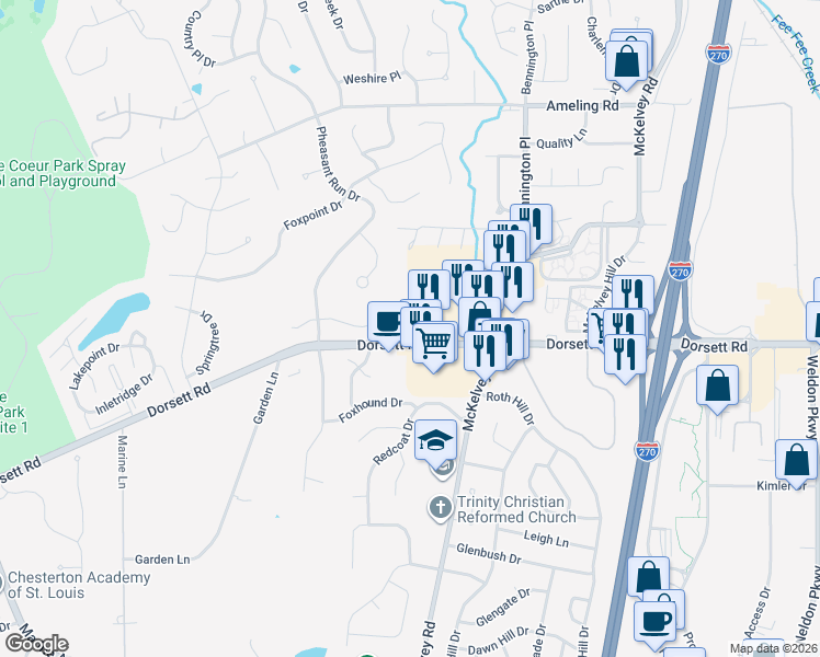 map of restaurants, bars, coffee shops, grocery stores, and more near 12661-12699 Dorsett Road in Maryland Heights