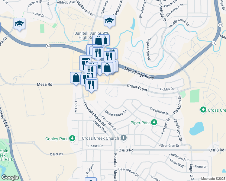 map of restaurants, bars, coffee shops, grocery stores, and more near 8147 Elk River View in Fountain