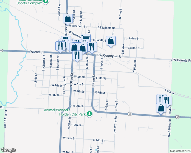 map of restaurants, bars, coffee shops, grocery stores, and more near 407 South Pine Street in Holden