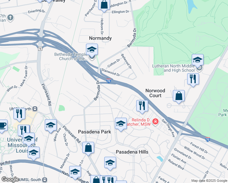 map of restaurants, bars, coffee shops, grocery stores, and more near 7615 Santa Monica Avenue in St. Louis