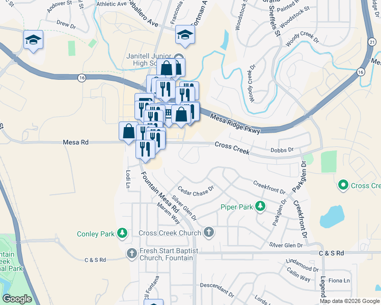map of restaurants, bars, coffee shops, grocery stores, and more near 8147 Elk River View in Fountain