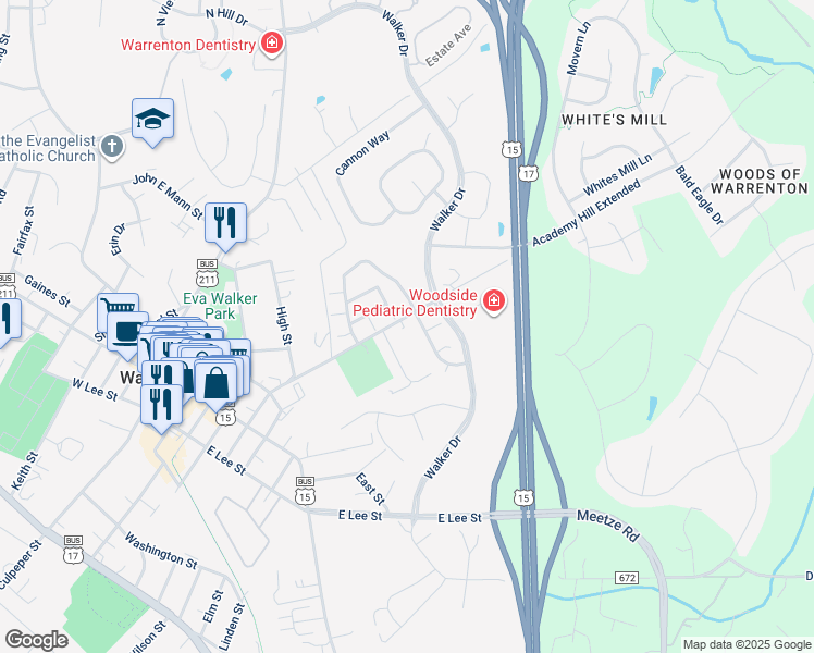 map of restaurants, bars, coffee shops, grocery stores, and more near 209 Academy Hill Rd in Warrenton