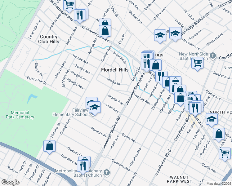 map of restaurants, bars, coffee shops, grocery stores, and more near 7040 Greenhaven Dr in St Louis