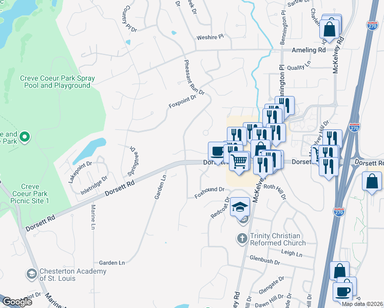 map of restaurants, bars, coffee shops, grocery stores, and more near 12188 Oakwilde Court in Maryland Heights