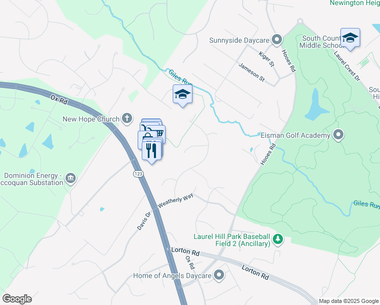 map of restaurants, bars, coffee shops, grocery stores, and more near 9109 Wood Spice Lane in Lorton